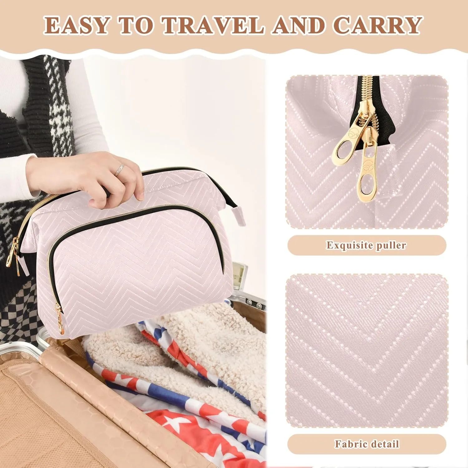 ODAWA Quilted Makeup Bag with 9-Piece Accessory Set, Misty Rose Travel Cosmetic Organizer Toiletry Bag Toiletry Bag for Cosmetics Toiletries Accessories