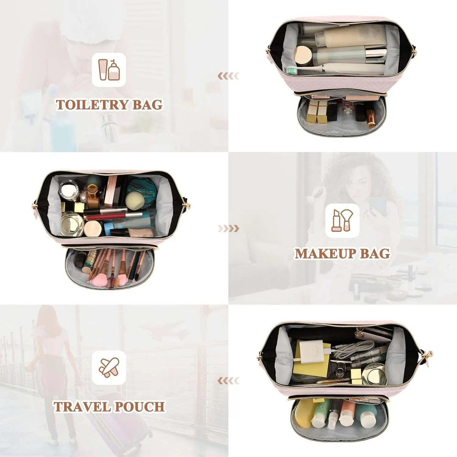 ODAWA Quilted Makeup Bag with 9-Piece Accessory Set, Misty Rose Travel Cosmetic Organizer Toiletry Bag Toiletry Bag for Cosmetics Toiletries Accessories