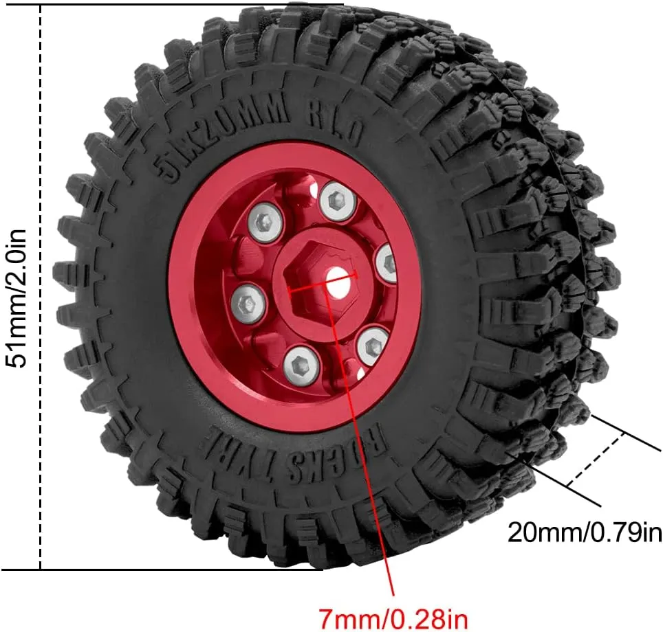 OGRC 4Pcs 1.0 Wheel Rims 1.0 Beadlock Wheels Rims 1.0 Tires Soft Rubber Crawler Wheel Tires for Axial SCX24 Gladiator Bronco C10 JLU Deadbolt RC Crawler Upgrades Parts (Red)