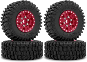 OGRC 4Pcs 1.0 Wheel Rims 1.0 Beadlock Wheels Rims 1.0 Tires Soft Rubber Crawler Wheel Tires for Axial SCX24 Gladiator Bronco C10 JLU Deadbolt RC Crawler Upgrades Parts (Red)