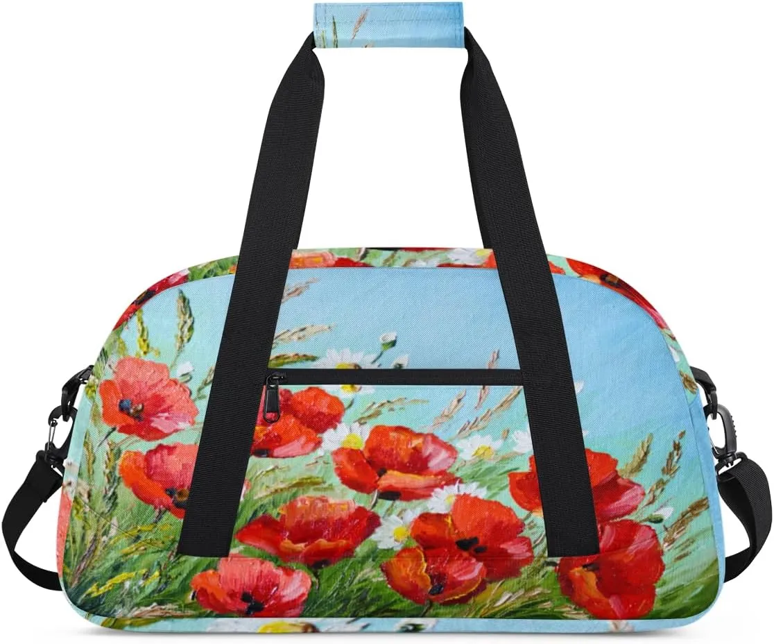 Oil Painting Poppy Gym Duffel Bag for Men Women Poppy Sports Tote Bag with Adjustable Shoulder Strap for Dance Gymnastics Traveling Outdoor Camping Overnight Stay