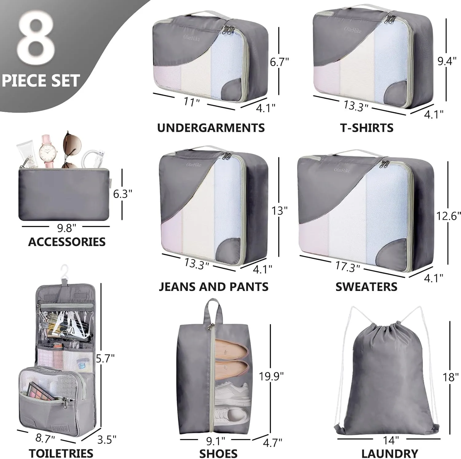 OlarHike 8 Set Packing Cubes for Travel, Sturdy Suitcase Organizer in 4 Sizes (Extra Large, Large, Medium, Small), OlarHike Luggage Cubes with Toiletry Bag, Cruise Ship Gifts for Men (Grey)