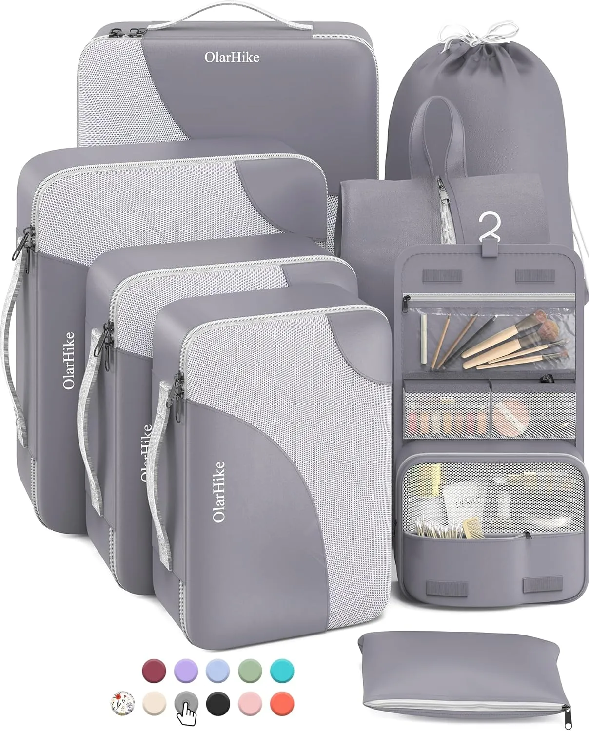 OlarHike 8 Set Packing Cubes for Travel, Sturdy Suitcase Organizer in 4 Sizes (Extra Large, Large, Medium, Small), OlarHike Luggage Cubes with Toiletry Bag, Cruise Ship Gifts for Men (Grey)