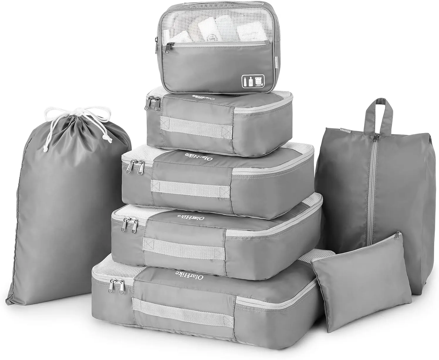 OlarHike 8 Set Packing Cubes for Travel, Sturdy Suitcase Organizer in 4 Sizes (Extra Large, Large, Medium, Small), OlarHike Luggage Cubes with Toiletry Bag, Cruise Ship Gifts for Men (Grey)