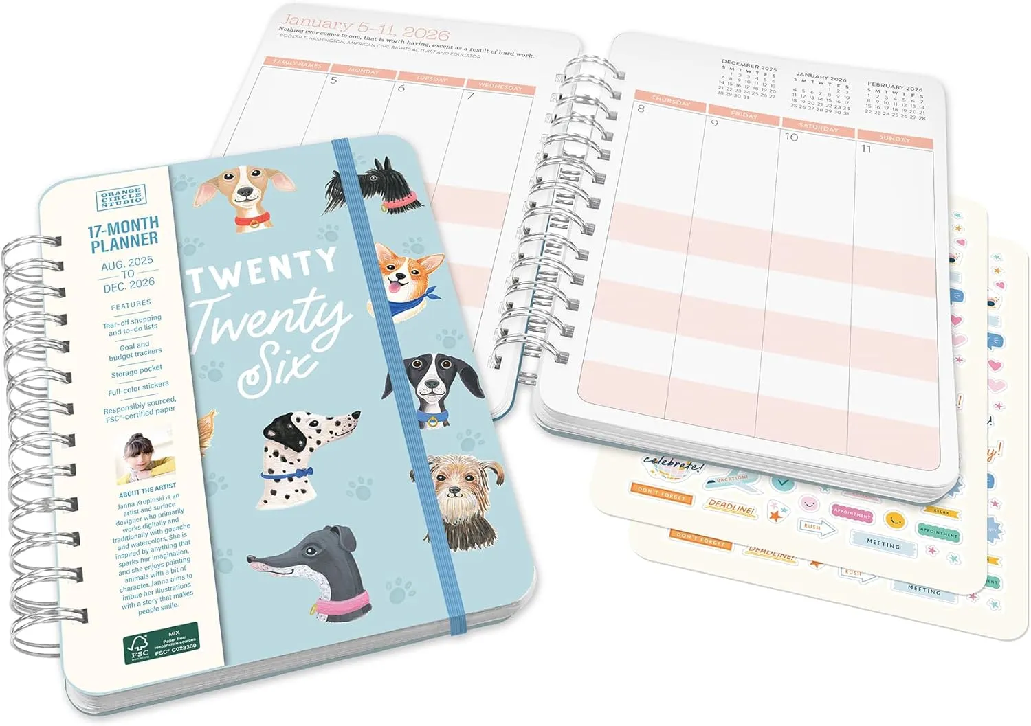 Orange Circle Studio Academic Planner 2026, Doggone Cute, Do It All Planners, 17-Month Wire-O Bound Planner for School or Work, Dotted Grid Week-Per-Spread View, To-Do Lists, Budget & Goal Trackers