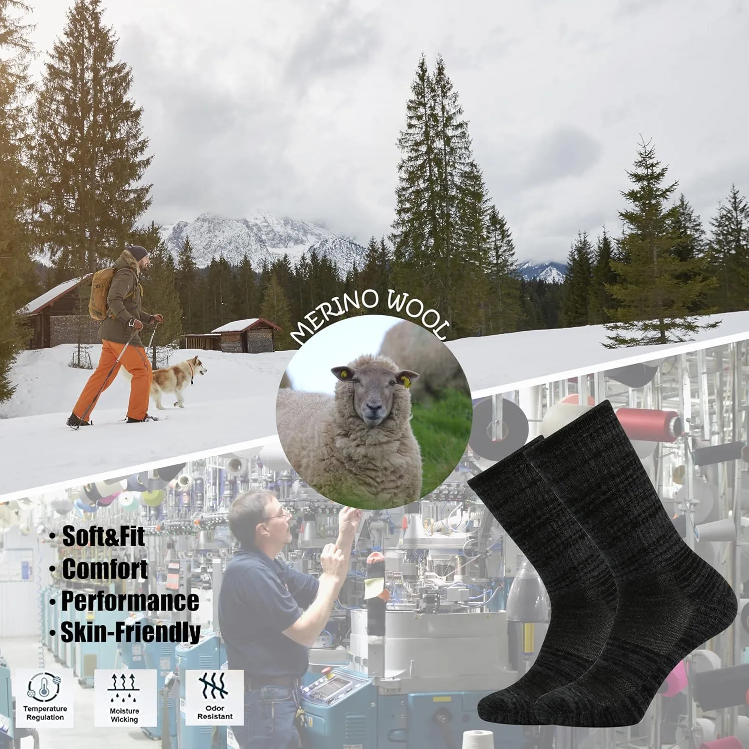Ortis Men's Merino Wool Cushion Crew Socks with Moisture Wicking Control Light Weight Breathable for Outdoor Hiking Cycling