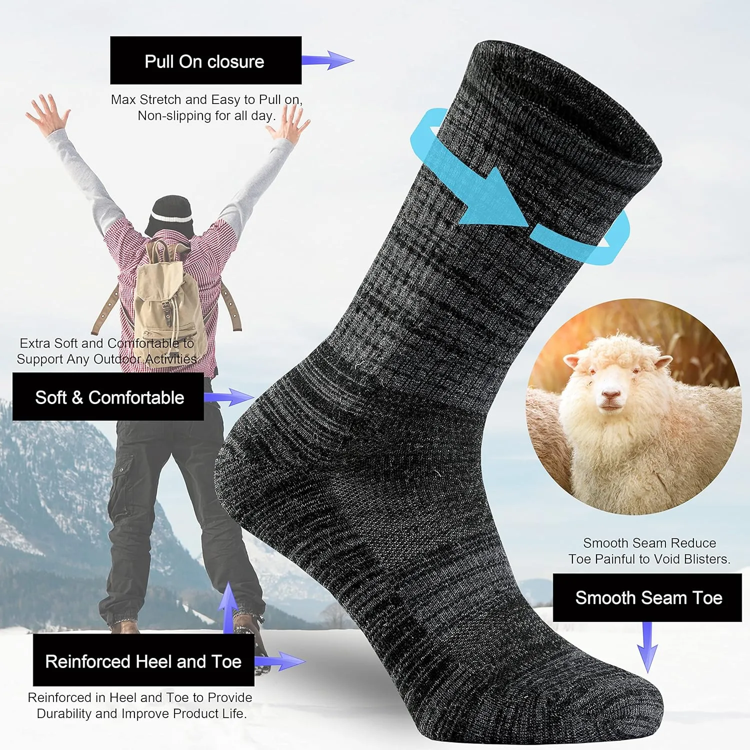Ortis Men's Merino Wool Cushion Crew Socks with Moisture Wicking Control Light Weight Breathable for Outdoor Hiking Cycling