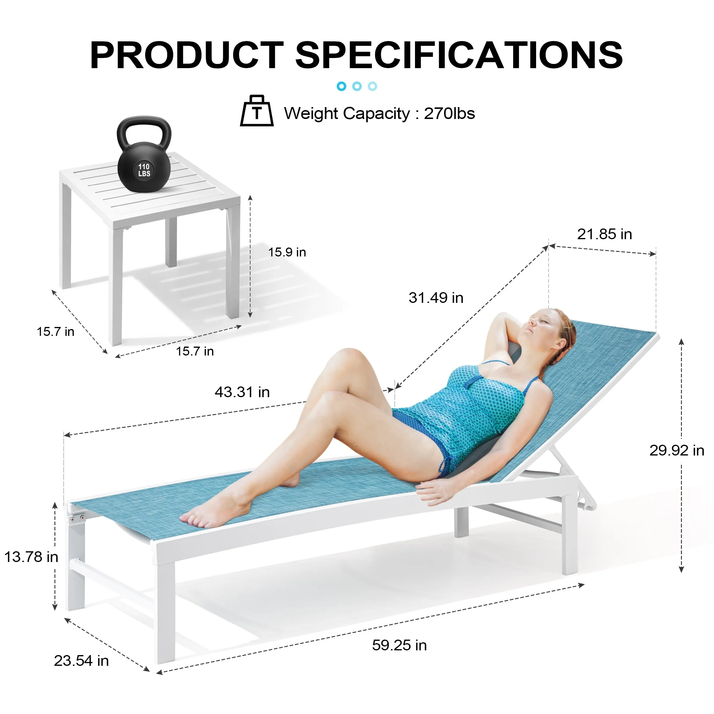Outdoor Aluminum Chaise Lounge Chairs and Side Table, Sun Lounger with Adjustable Backrest