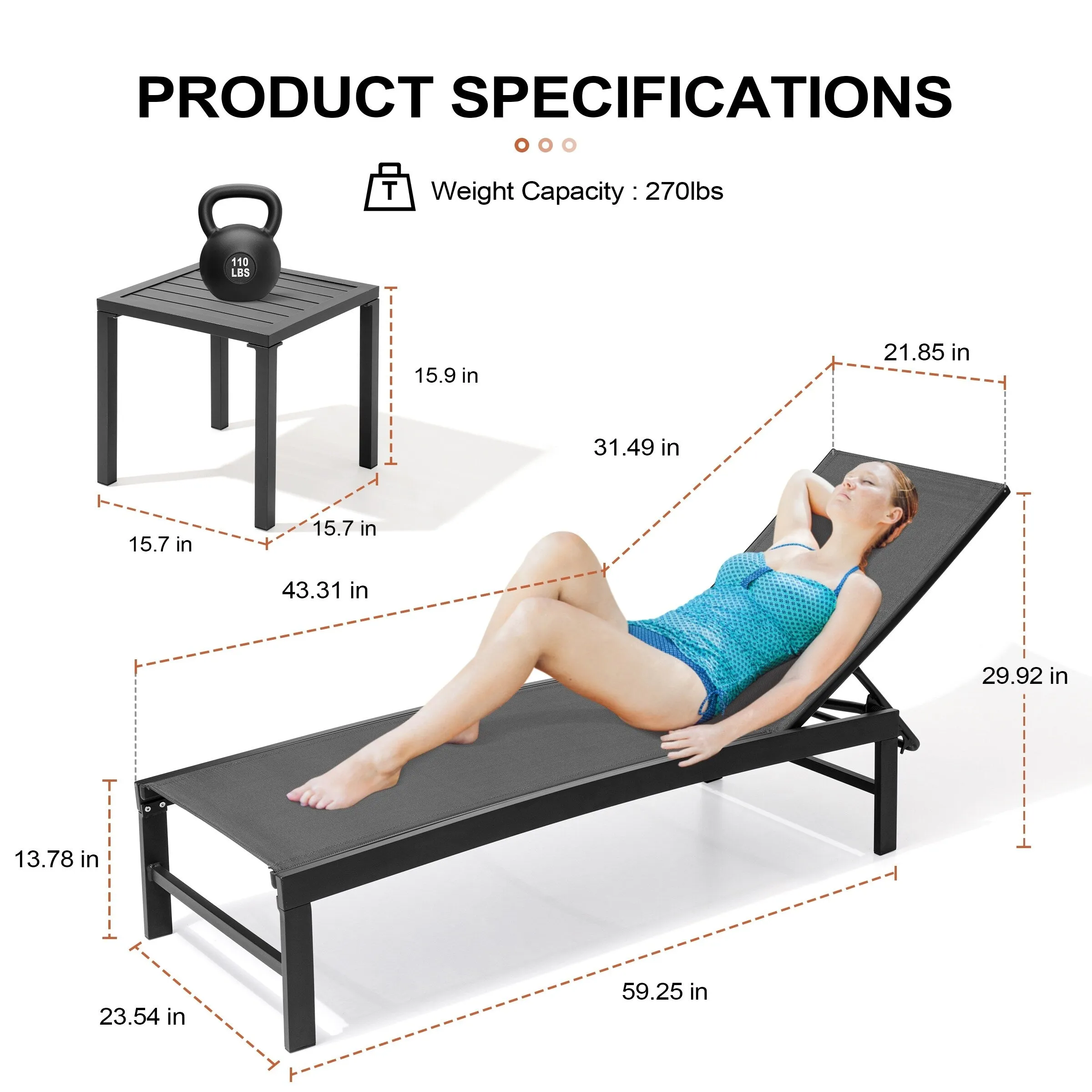 Outdoor Aluminum Chaise Lounge Chairs and Side Table, Sun Lounger with Adjustable Backrest
