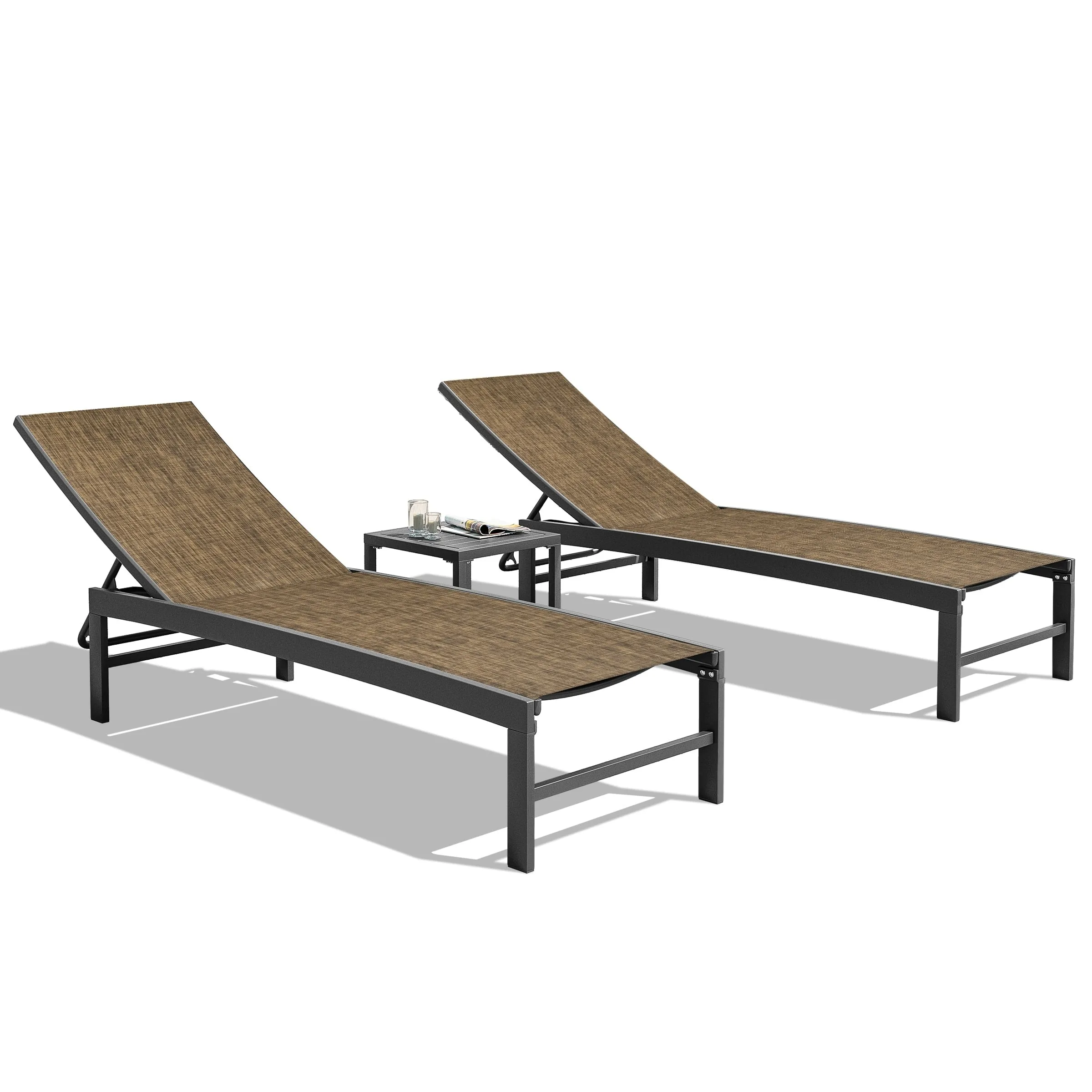 Outdoor Aluminum Chaise Lounge Chairs and Side Table, Sun Lounger with Adjustable Backrest