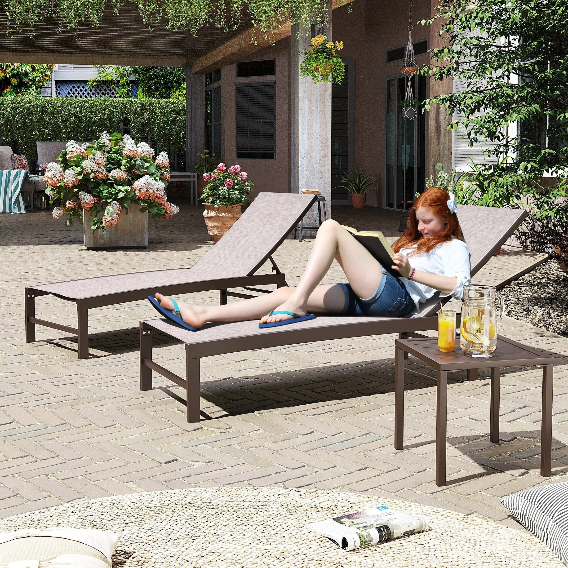 Outdoor Aluminum Chaise Lounge Chairs and Side Table, Sun Lounger with Adjustable Backrest