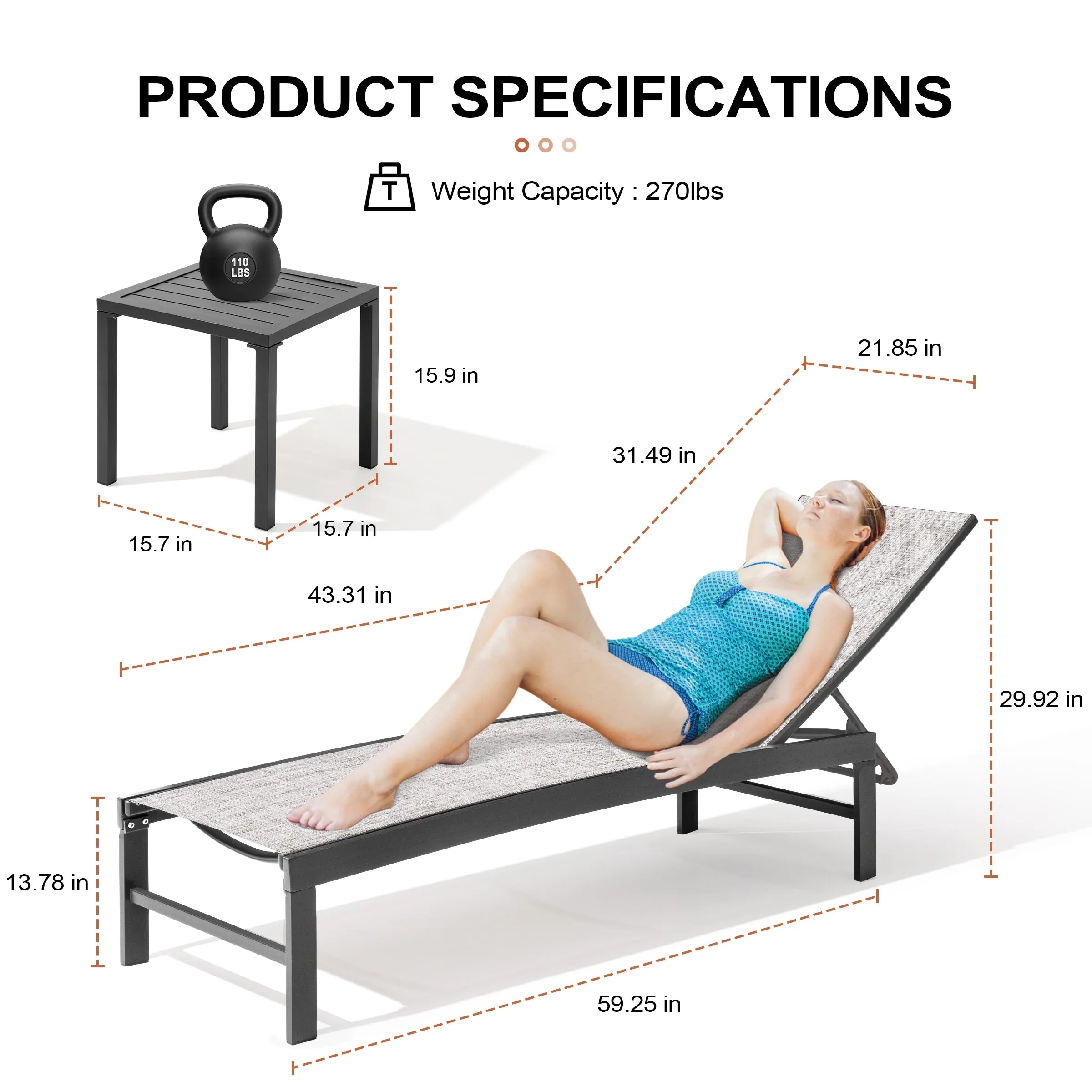 Outdoor Aluminum Chaise Lounge Chairs and Side Table, Sun Lounger with Adjustable Backrest