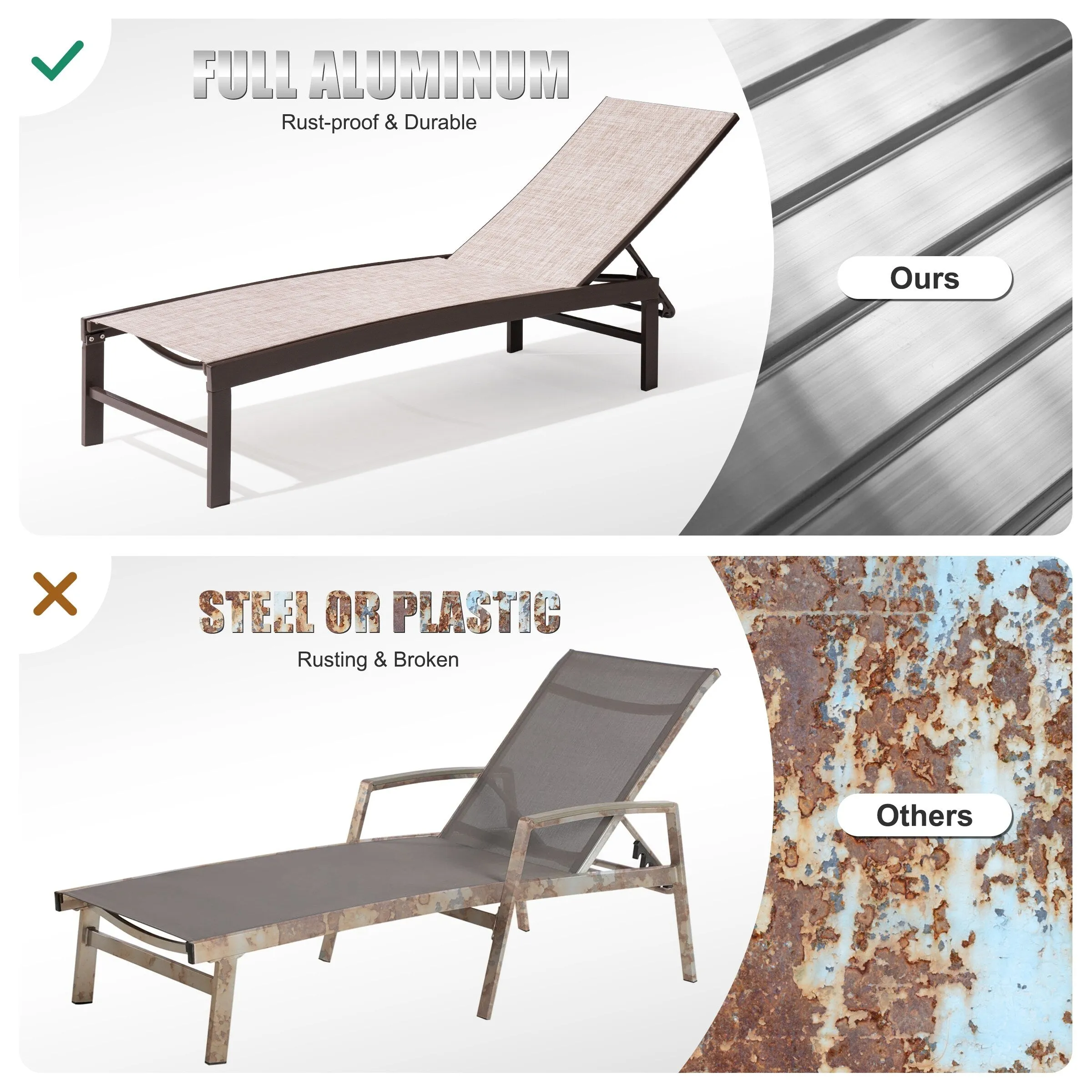 Outdoor Aluminum Chaise Lounge Chairs and Side Table, Sun Lounger with Adjustable Backrest
