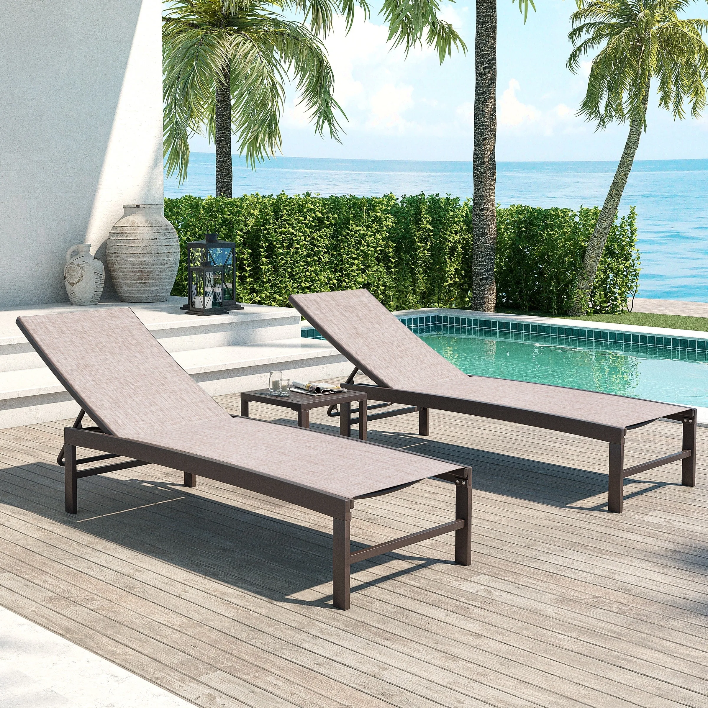 Outdoor Aluminum Chaise Lounge Chairs and Side Table, Sun Lounger with Adjustable Backrest