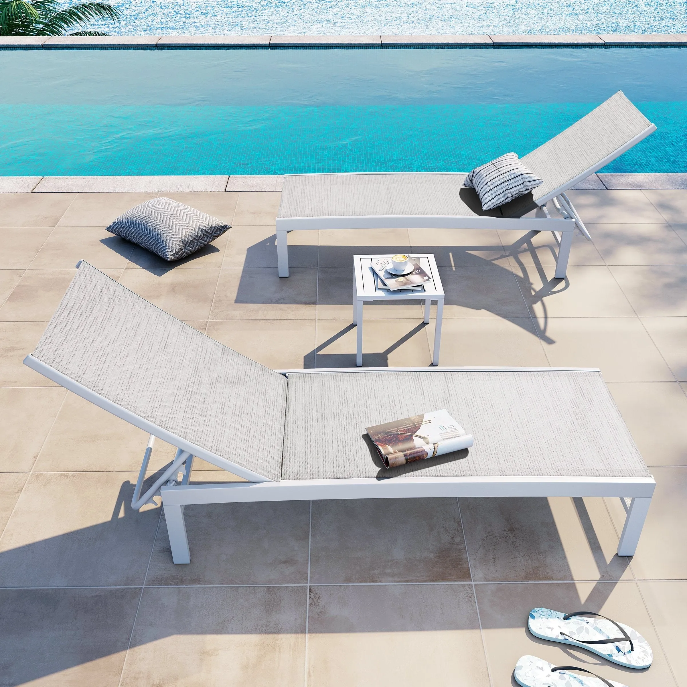 Outdoor Aluminum Chaise Lounge Chairs and Side Table, Sun Lounger with Adjustable Backrest