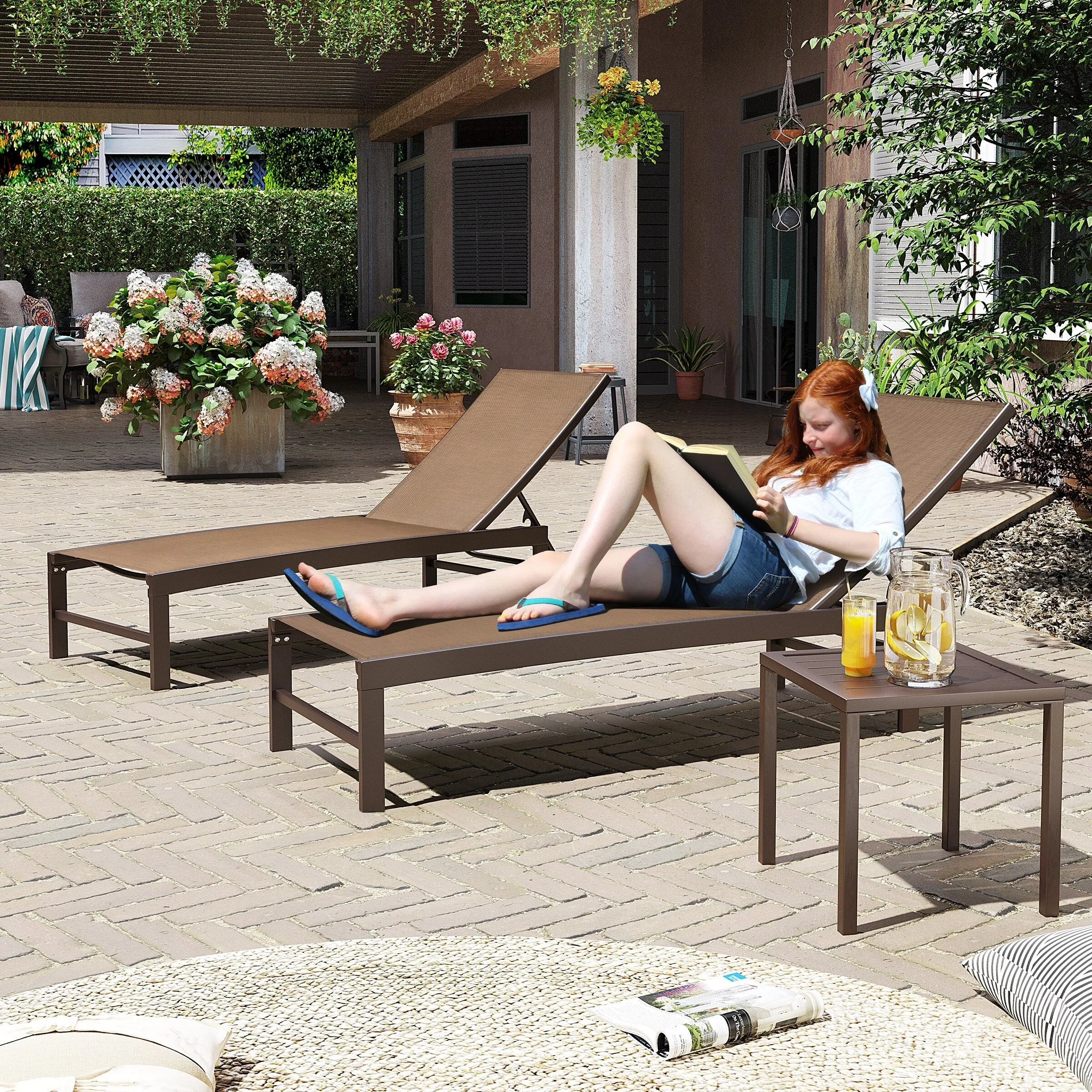Outdoor Aluminum Chaise Lounge Chairs and Side Table, Sun Lounger with Adjustable Backrest