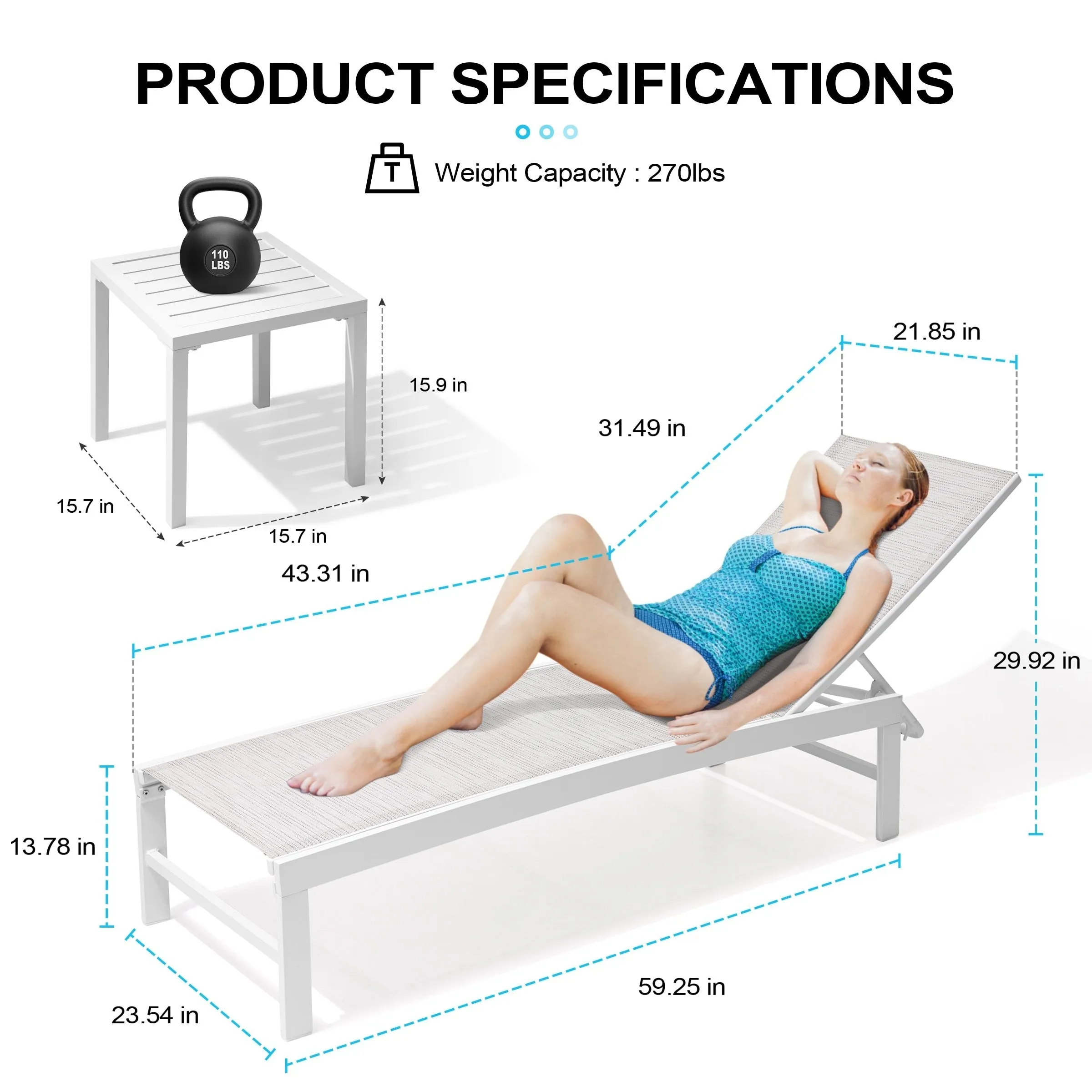 Outdoor Aluminum Chaise Lounge Chairs and Side Table, Sun Lounger with Adjustable Backrest