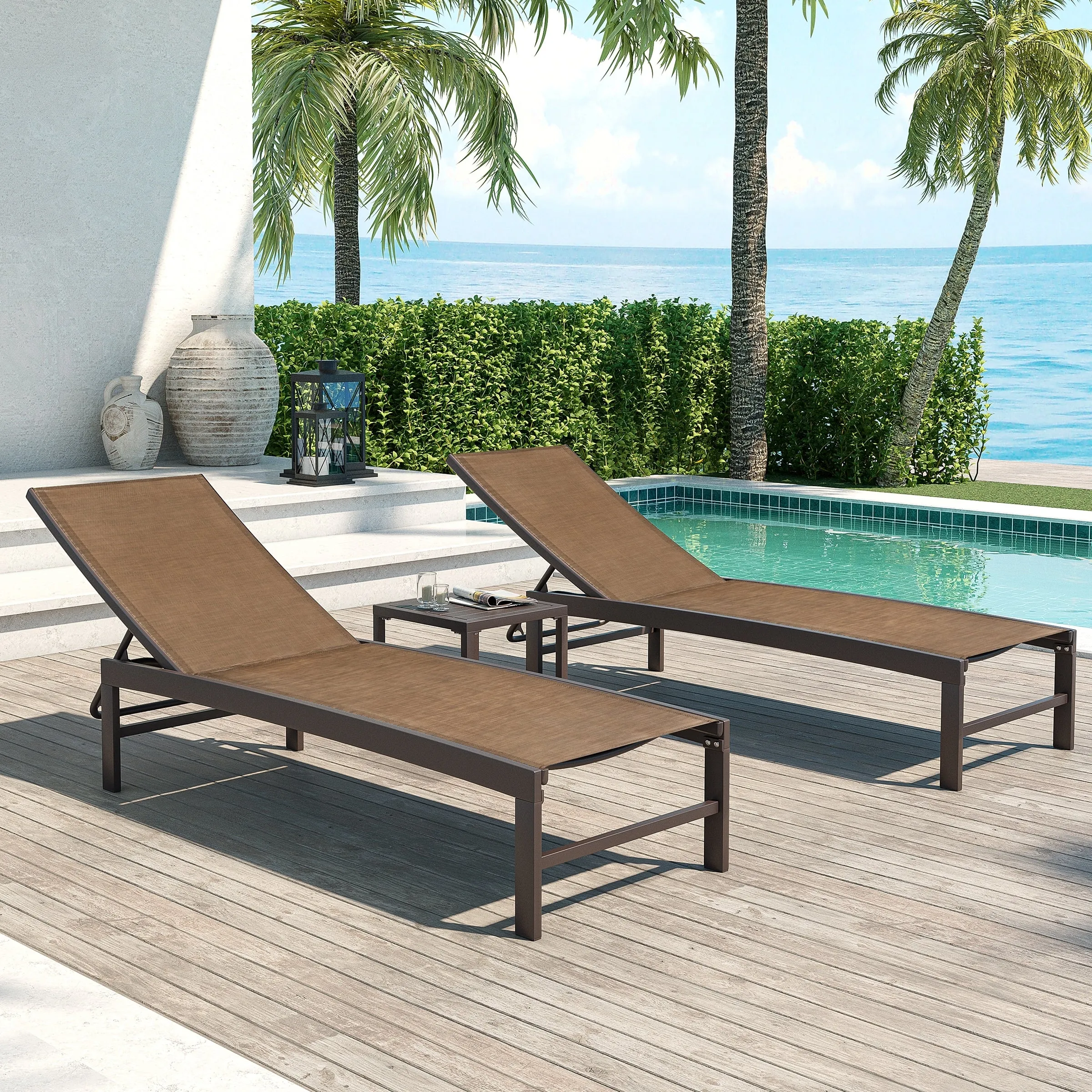 Outdoor Aluminum Chaise Lounge Chairs and Side Table, Sun Lounger with Adjustable Backrest