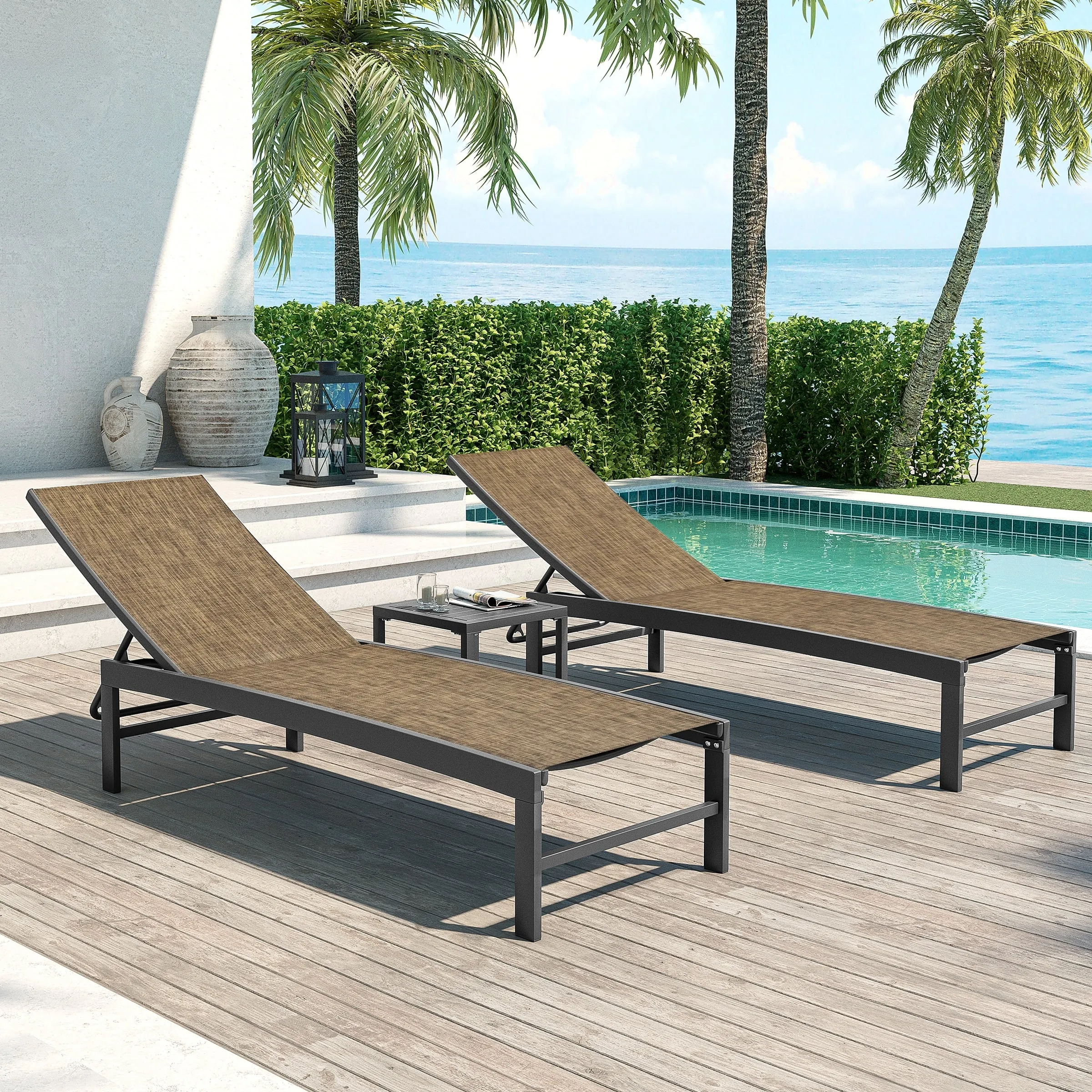 Outdoor Aluminum Chaise Lounge Chairs and Side Table, Sun Lounger with Adjustable Backrest
