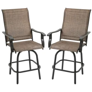 Outdoor Swivel Bar Stools Set of 2, 2 Piece Bar Height Patio Chairs with High Back, Curved Armrests and Steel Frame for Balcony, Poolside, Backyard, Brown
