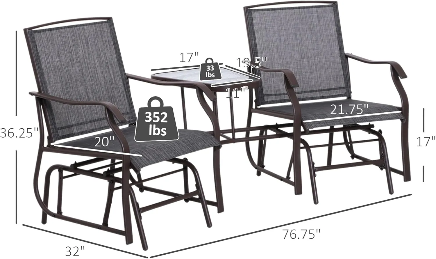 Outsunny Outdoor Glider Chairs with Coffee Table, Patio 2-Seat Rocking Chair Swing Loveseat with Breathable Sling for Backyard, Garden, and Porch, Gray