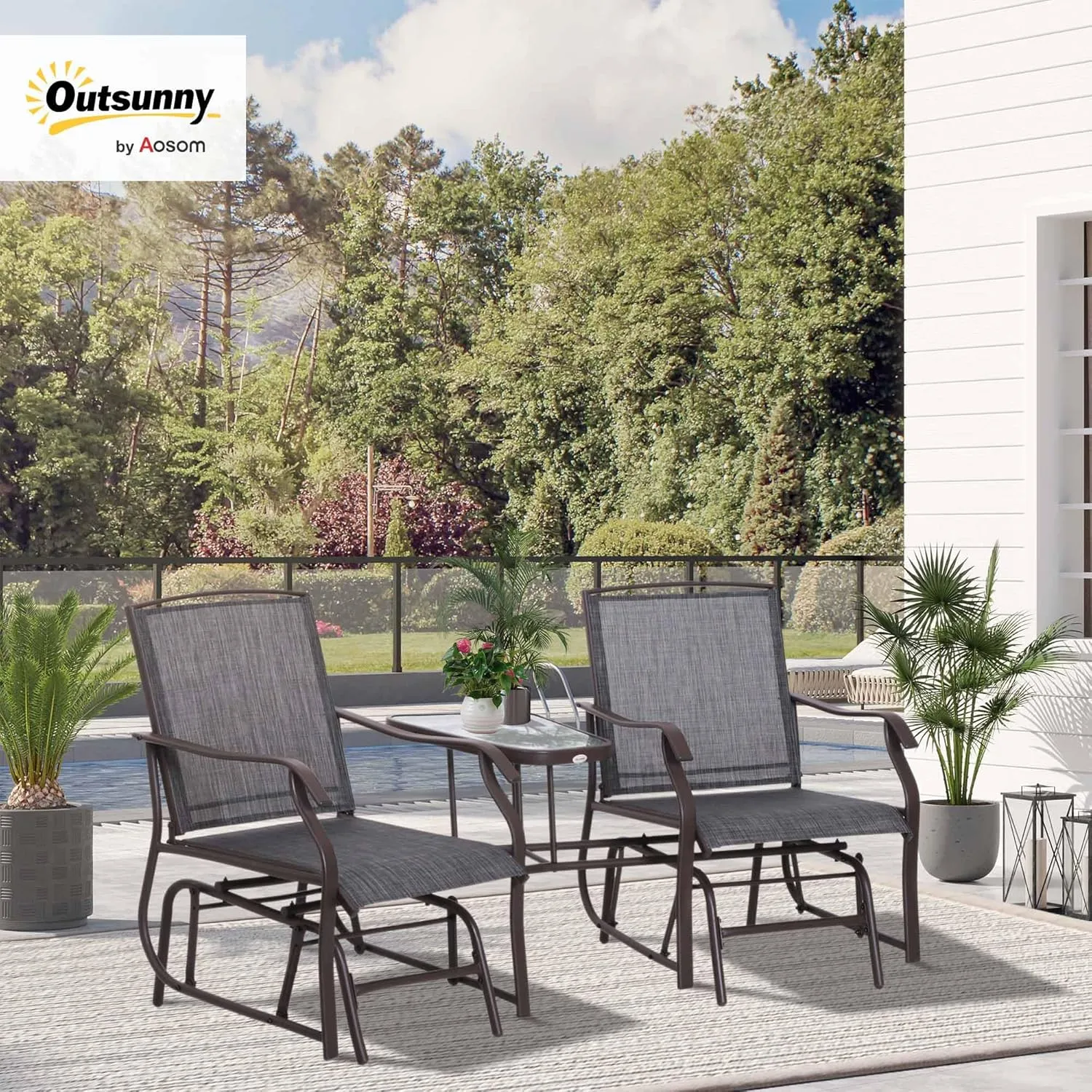 Outsunny Outdoor Glider Chairs with Coffee Table, Patio 2-Seat Rocking Chair Swing Loveseat with Breathable Sling for Backyard, Garden, and Porch, Gray