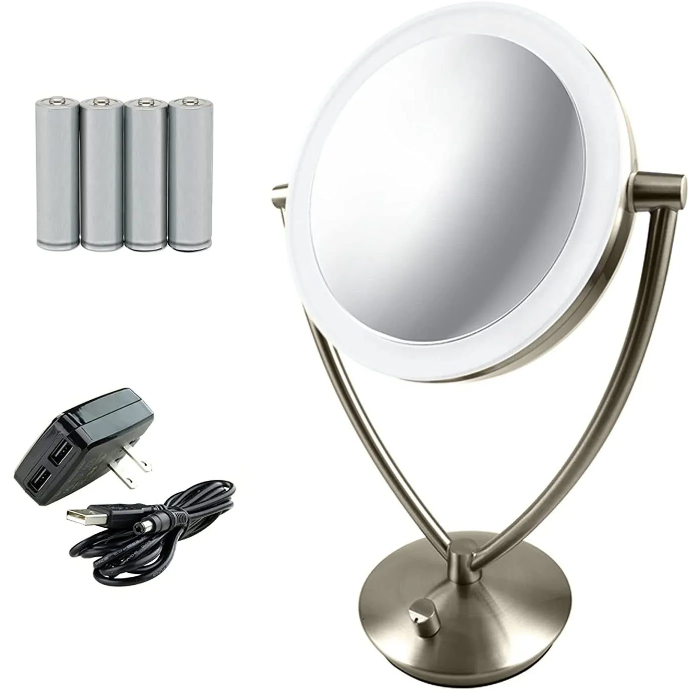 Ovente LED Lighted Makeup Mirror 7.5 Inch Table Top 1X 5X Magnifier Dimmable illuminated Adjustable Circle 360 Degree Double Sided Acrylic Edge Battery USB Operated Large Nickel Brushed MLT75BR1X5X