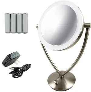 Ovente LED Lighted Makeup Mirror 7.5 Inch Table Top 1X 5X Magnifier Dimmable illuminated Adjustable Circle 360 Degree Double Sided Acrylic Edge Battery USB Operated Large Nickel Brushed MLT75BR1X5X