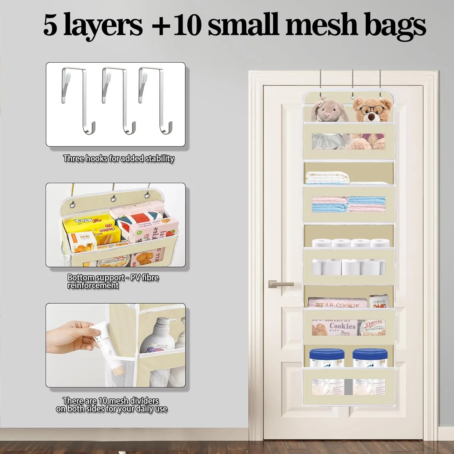 Over The Door Organizer, 5 Shelves Closet Door Hanging Organizer with 10 Mesh Pockets, Stuffed Animal Storage for Nursery, Baby Essentials, Dorm Room Essentials for Girls