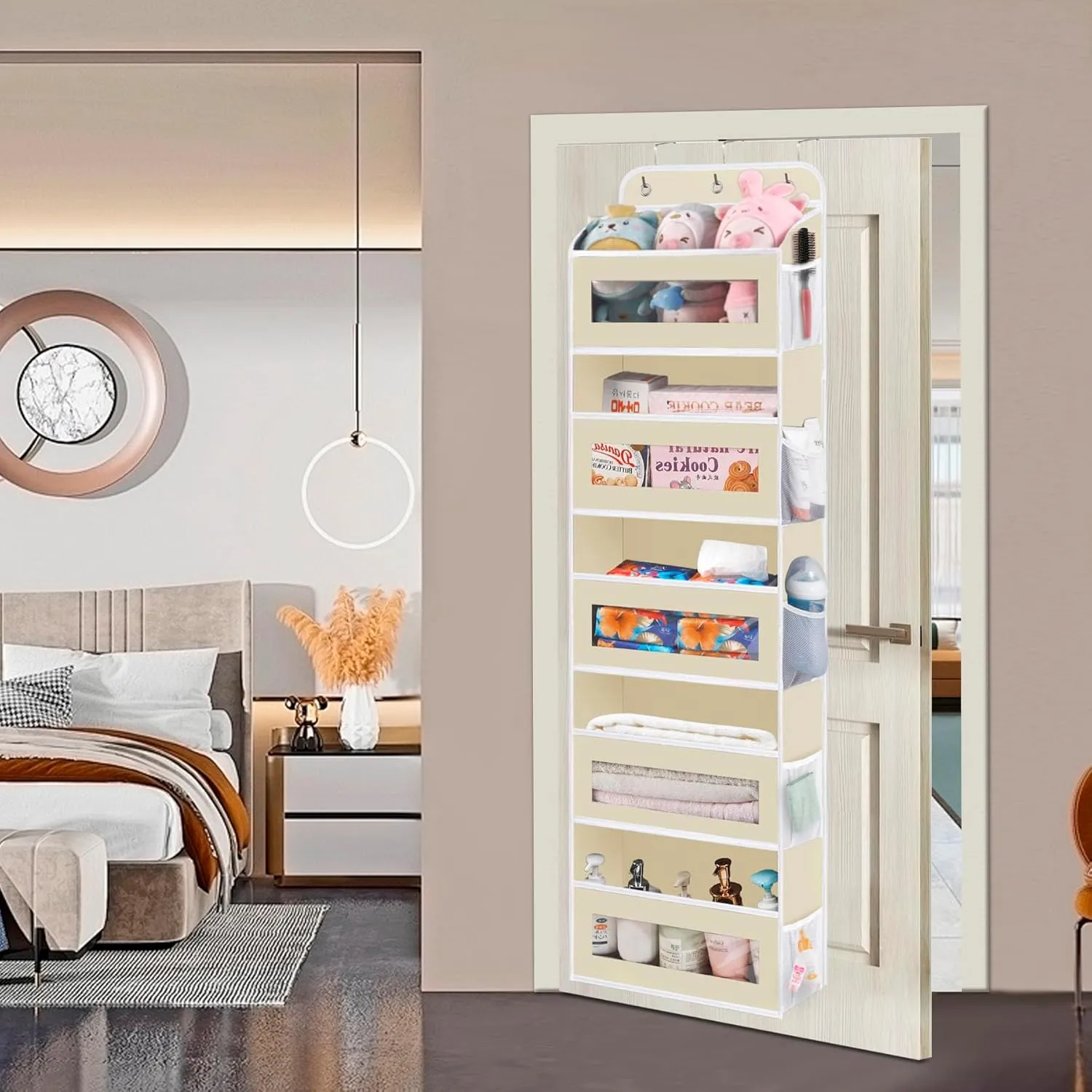 Over The Door Organizer, 5 Shelves Closet Door Hanging Organizer with 10 Mesh Pockets, Stuffed Animal Storage for Nursery, Baby Essentials, Dorm Room Essentials for Girls