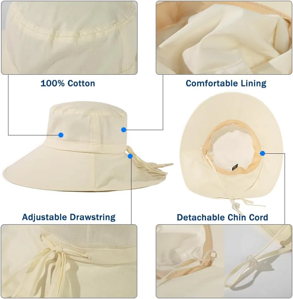 Oversize XL/XXL Women Cotton Sun Hat UPF 50  Sunhat with Neck Flap Gardening Sun Protection Outdoor Hiking Fishing