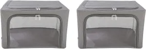 Oxford Cloth Steel Frame Storage Boxes - Under-Bed or in Closet - Pack of 2 Small Organizers (Denim Effect - Grey)