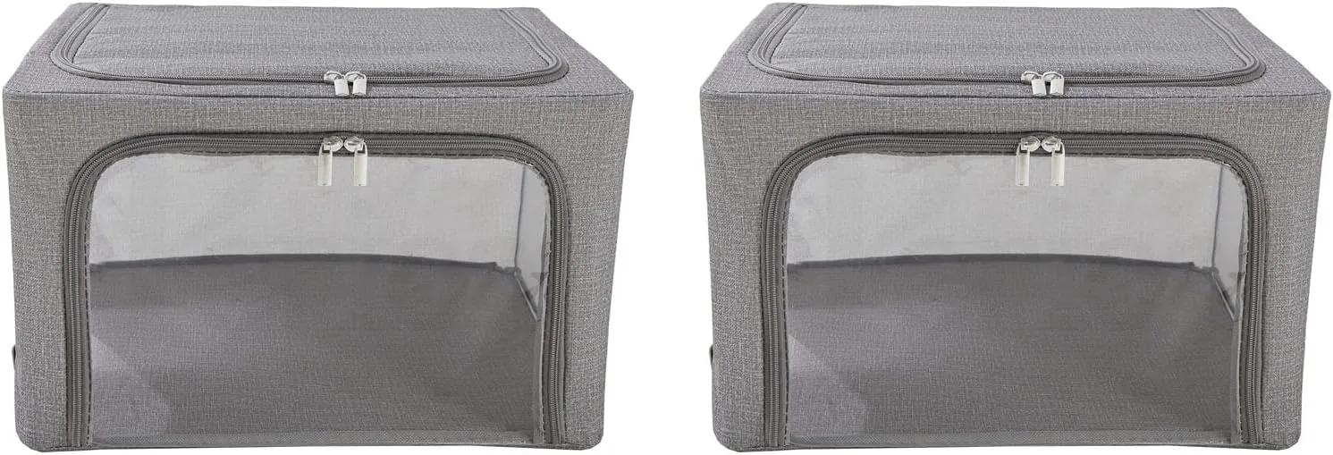 Oxford Cloth Steel Frame Storage Boxes - Under-Bed or in Closet - Pack of 2 Small Organizers (Denim Effect - Grey)