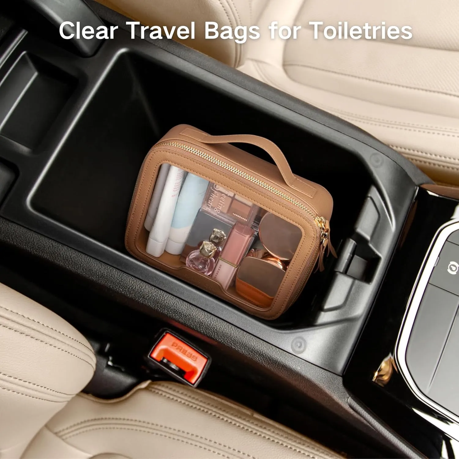 PACKISM Medium Clear Makeup Bag - Pebbled Texture & Hard PU Leather Car Bag for Organizing Car Consoles, with Message Card Clear Cosmetic Makeup Case for Women Gift (Khaki Medium)