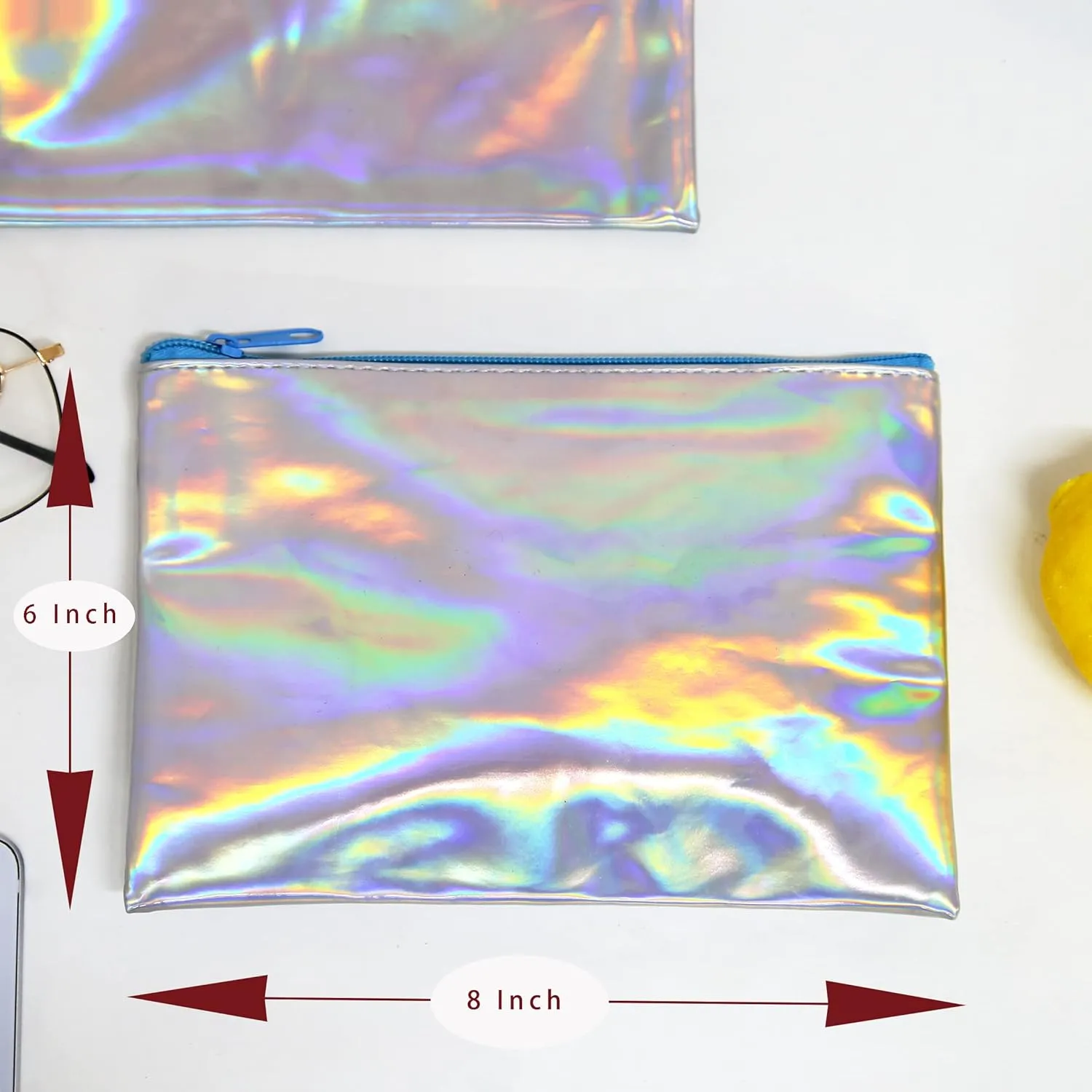 Palmhomee Holographic Laser Shiny Non-transparent PVC Makeup Handbag Organizer Pouch for Travel Toiletry Portable Waterproof Cosmetic Bag (Pack of 6)