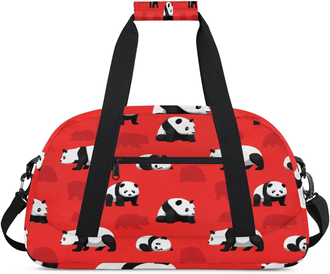 Panda Shadow Gym Duffel Bag for Men Women Red Background Sports Tote Bag with Adjustable Shoulder Strap for Dance Gymnastics Traveling Outdoor Camping Overnight Stay