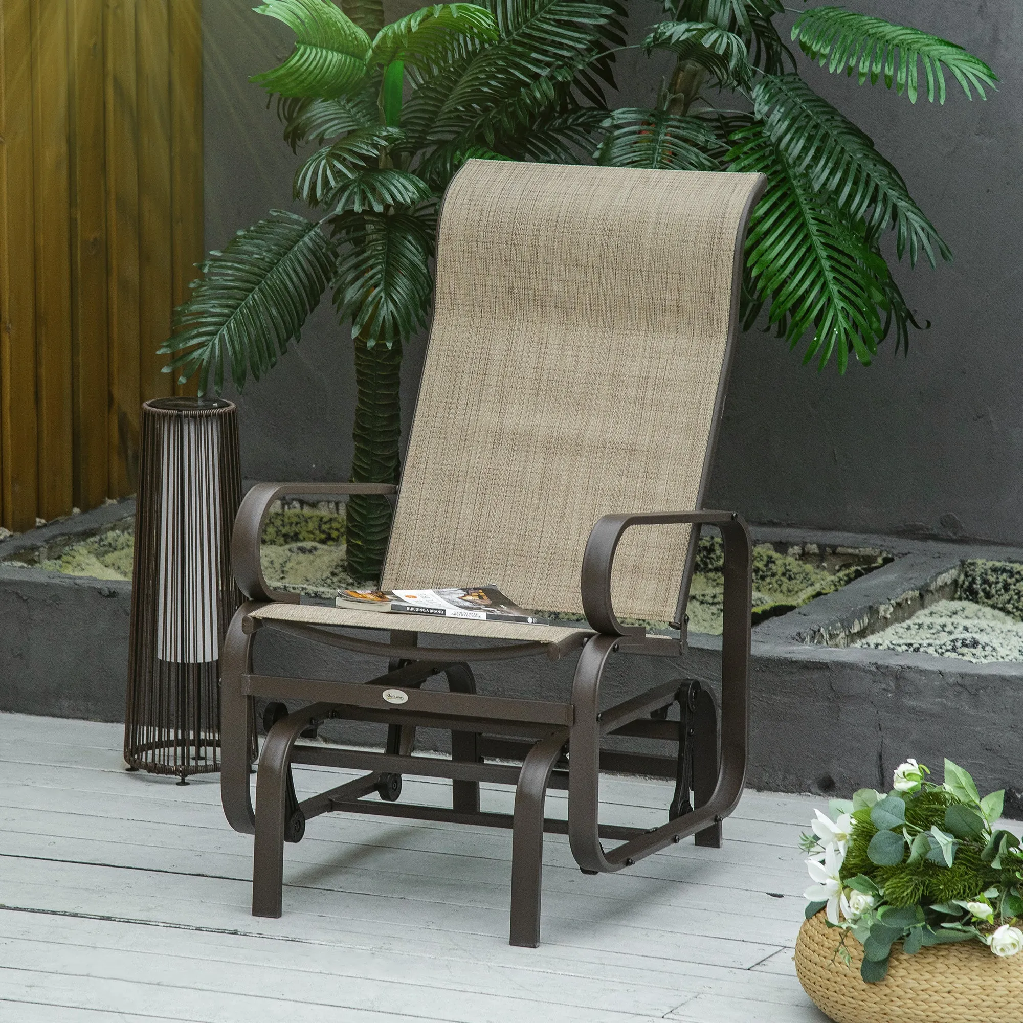 Patio Glider with Breathable Mesh Fabric, Outdoor Glider Chair, Garden Rocking Gliding Seat for Patio, Yard, Porch, Brown Flaxen