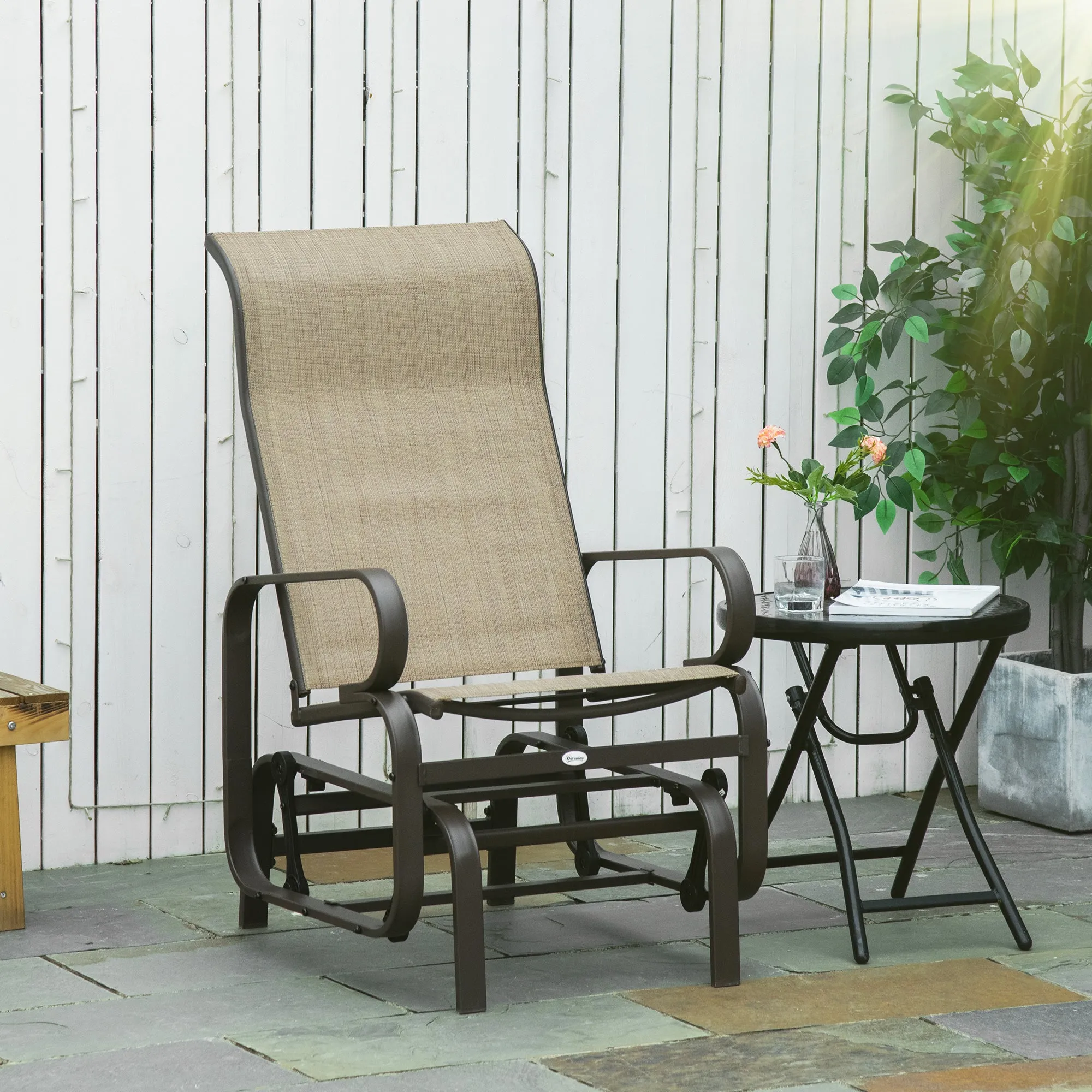Patio Glider with Breathable Mesh Fabric, Outdoor Glider Chair, Garden Rocking Gliding Seat for Patio, Yard, Porch, Brown Flaxen