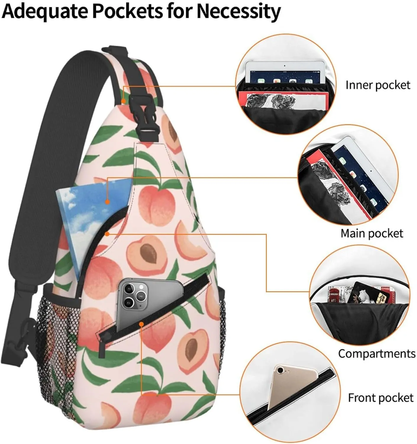 Peach Crossbody Sling Backpack Sling Bag Adjustable Chest Shoulder Daypack For Women Men