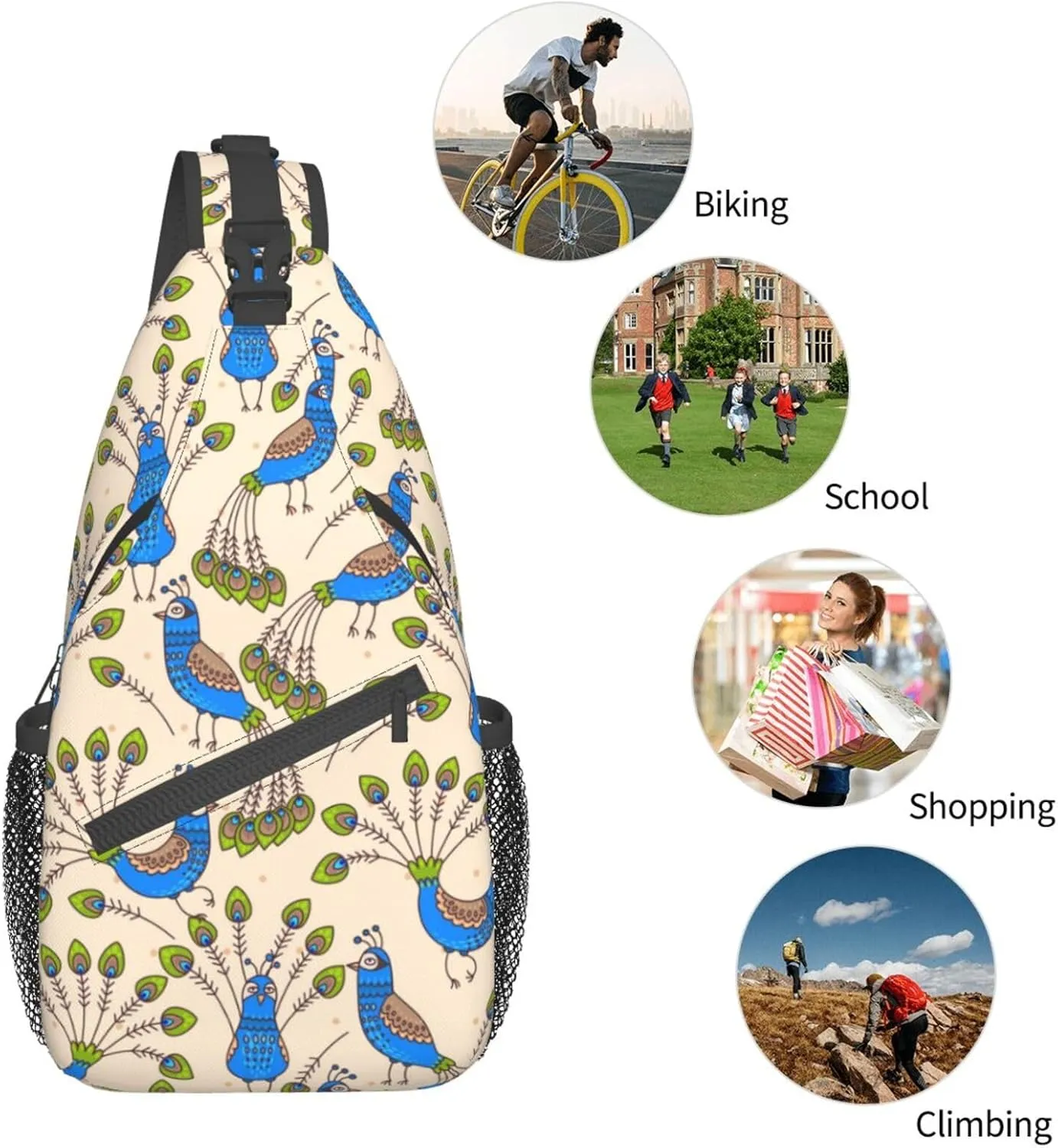 Peacock Shoulder Bag Cute Sling Backpack Daypack Casual Feather Hiking Bag Womens Backpack Bag Animal Bag