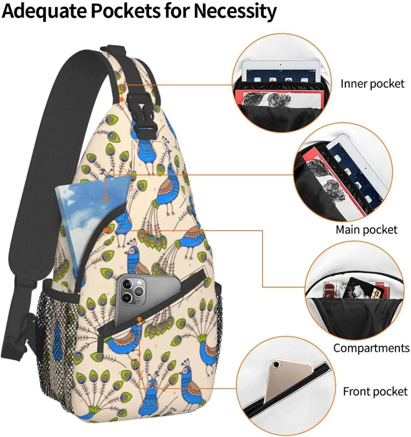 Peacock Shoulder Bag Cute Sling Backpack Daypack Casual Feather Hiking Bag Womens Backpack Bag Animal Bag