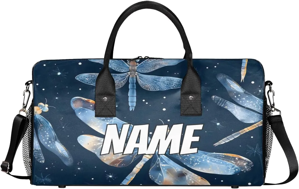 Personalized Blue Dragonfly Travel Duffel Bag with Name, Custom Gym Sport Bag Retro Animal Carry On Weekend Overnight Duffel Bag for Men Women