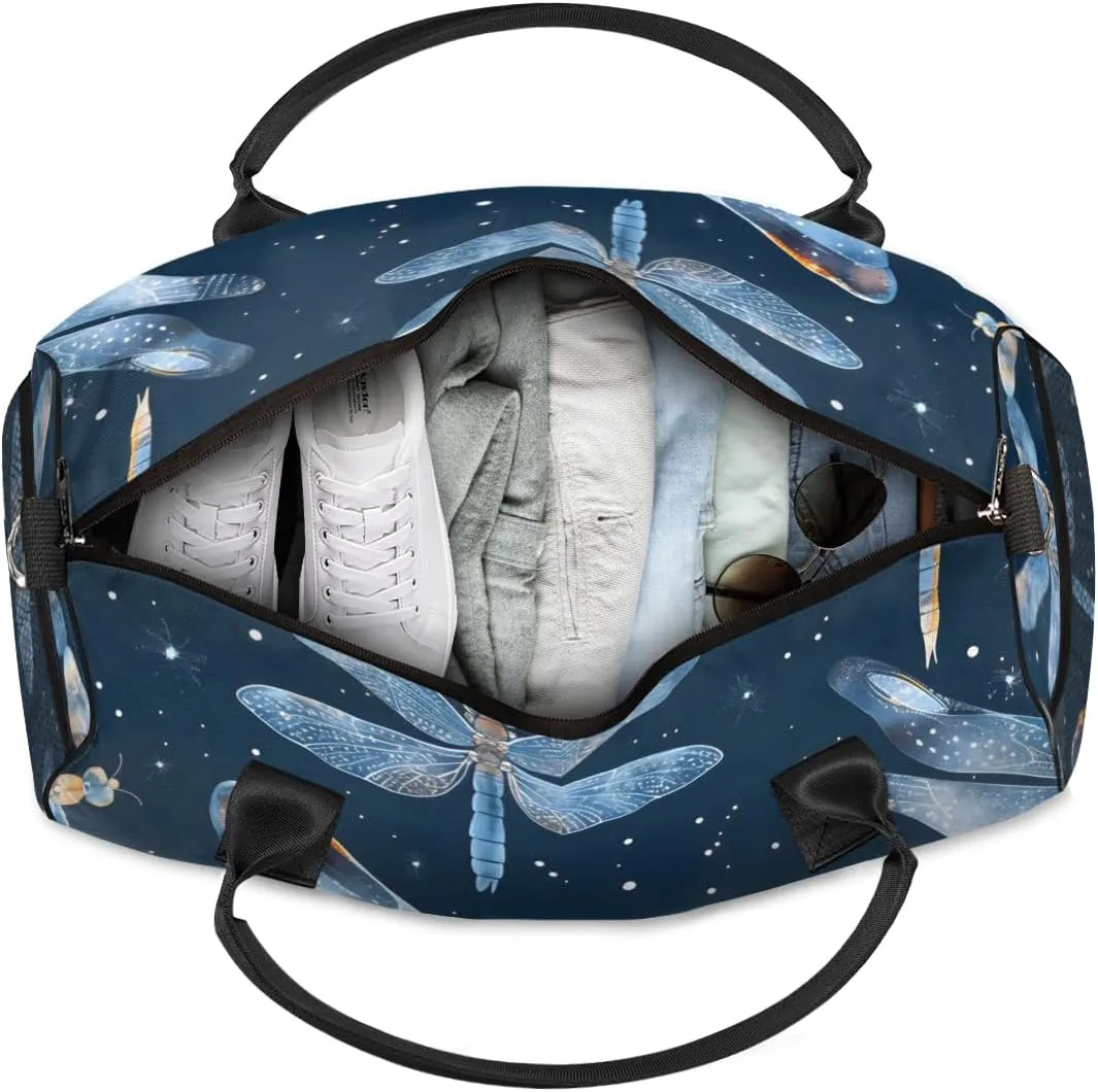 Personalized Blue Dragonfly Travel Duffel Bag with Name, Custom Gym Sport Bag Retro Animal Carry On Weekend Overnight Duffel Bag for Men Women