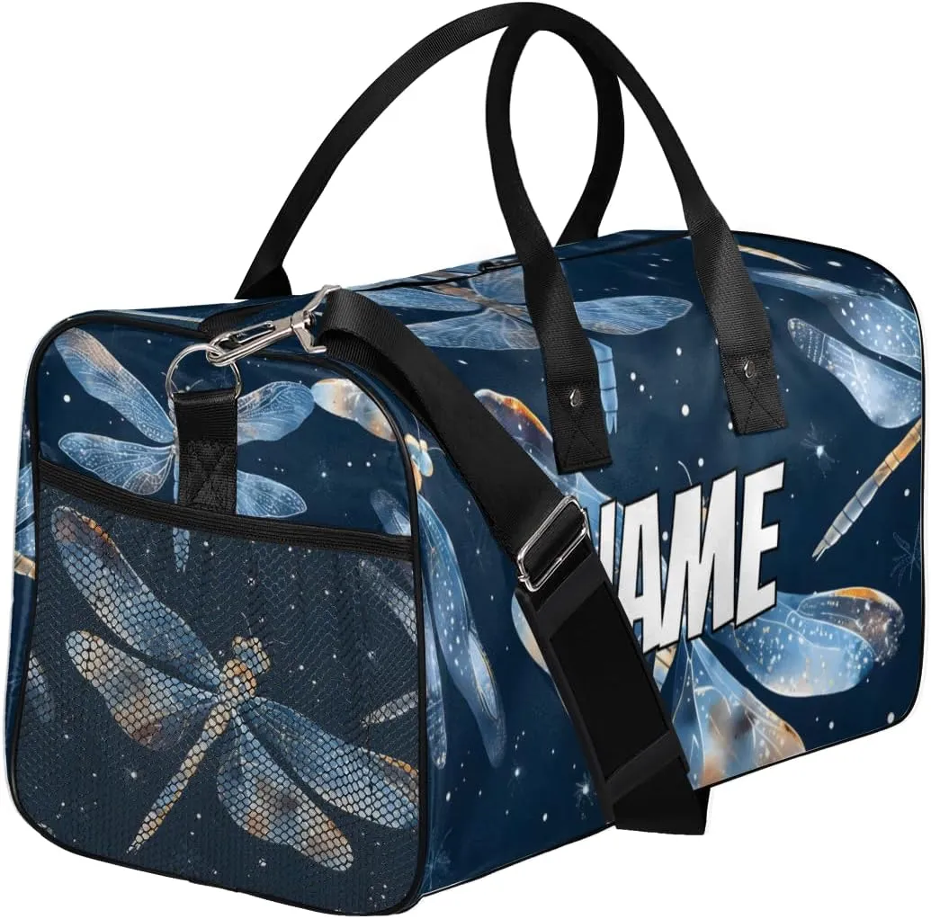 Personalized Blue Dragonfly Travel Duffel Bag with Name, Custom Gym Sport Bag Retro Animal Carry On Weekend Overnight Duffel Bag for Men Women