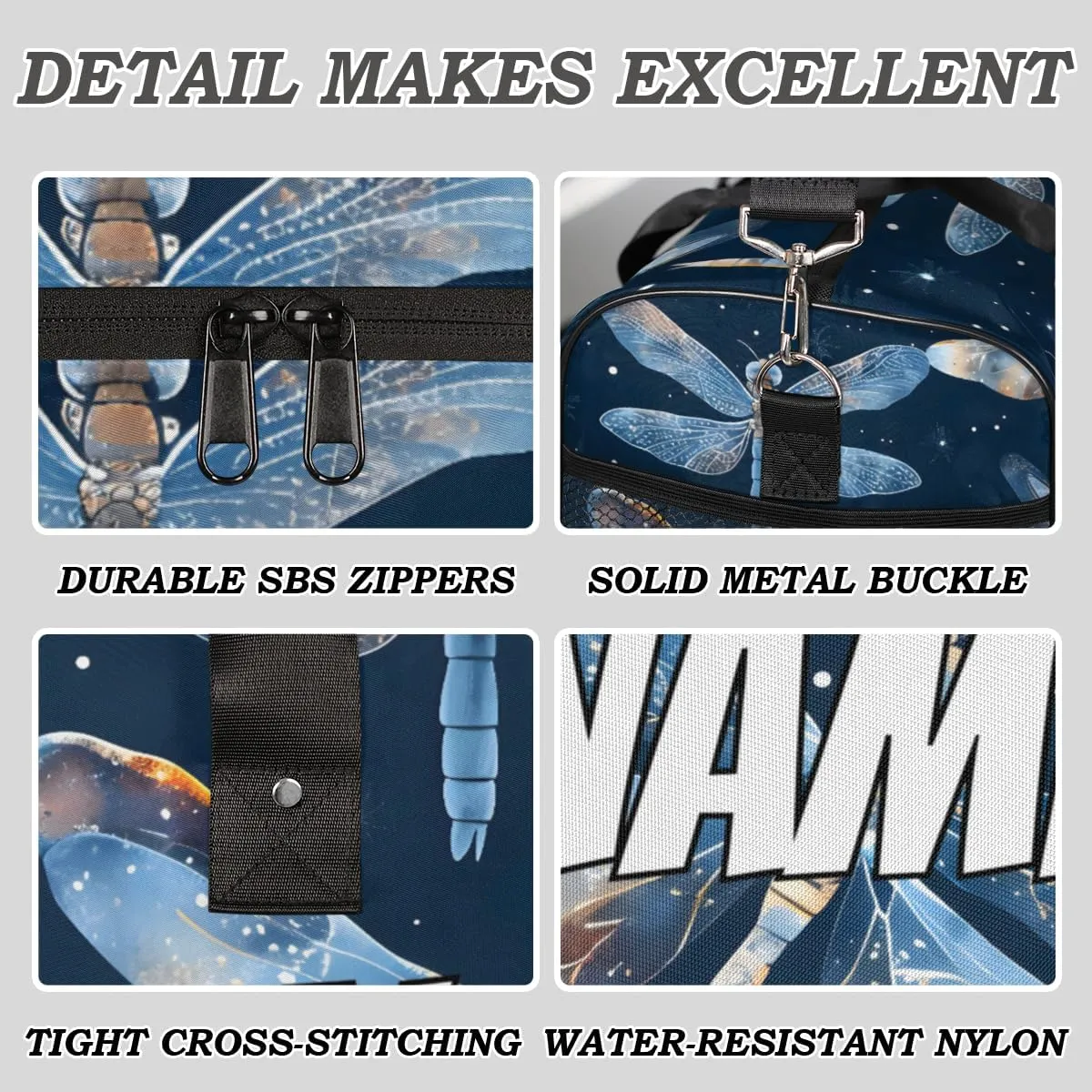 Personalized Blue Dragonfly Travel Duffel Bag with Name, Custom Gym Sport Bag Retro Animal Carry On Weekend Overnight Duffel Bag for Men Women