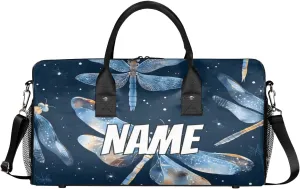 Personalized Blue Dragonfly Travel Duffel Bag with Name, Custom Gym Sport Bag Retro Animal Carry On Weekend Overnight Duffel Bag for Men Women