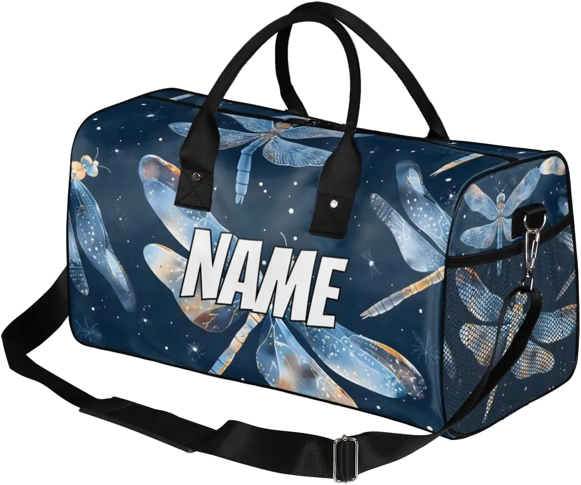 Personalized Blue Dragonfly Travel Duffel Bag with Name, Custom Gym Sport Bag Retro Animal Carry On Weekend Overnight Duffel Bag for Men Women