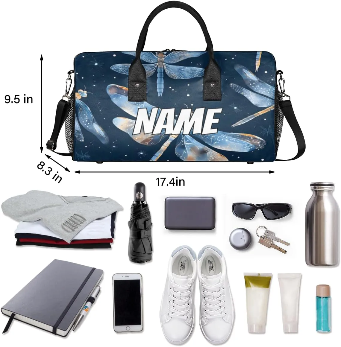 Personalized Blue Dragonfly Travel Duffel Bag with Name, Custom Gym Sport Bag Retro Animal Carry On Weekend Overnight Duffel Bag for Men Women