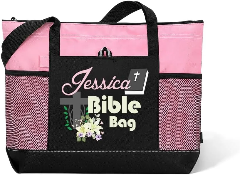 Personalized Cross & Flowers Bible Tote Bag, Custom Bible Study Bag with Mesh, Scripture Shopping Bag Handbag, Christian Gift for Woman/Friend/Family