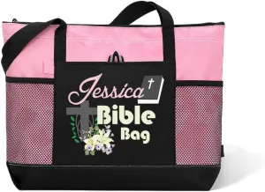 Personalized Cross & Flowers Bible Tote Bag, Custom Bible Study Bag with Mesh, Scripture Shopping Bag Handbag, Christian Gift for Woman/Friend/Family